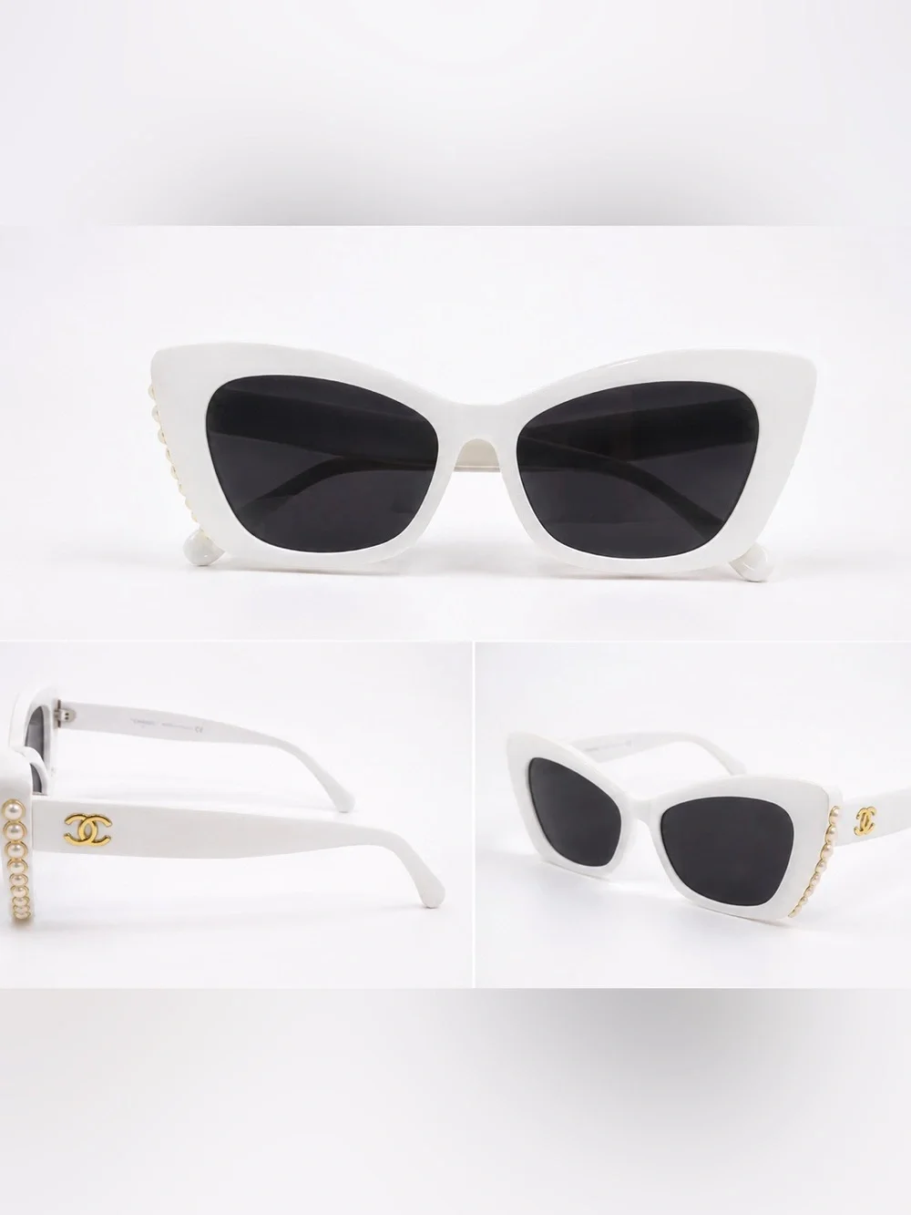 White Cat-Eye Sunglasses with Pearl Chain Accent luxury